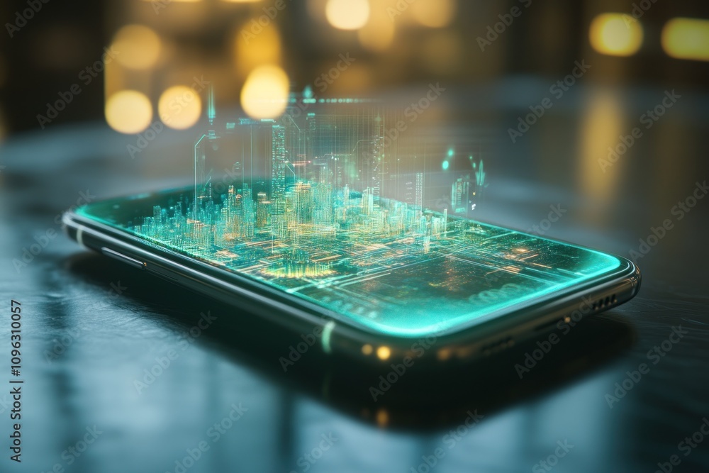 Poster here's a description and keywords for the image.. holographic city model projected from a smartphone