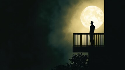 Vampire Silhouette on Balcony Under Full Moon