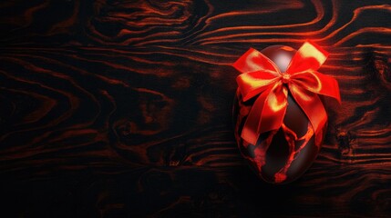 Elegant chocolate Easter egg gift adorned with a vibrant red bow resting atop a rich, dark wooden surface, enhancing its festive allure.