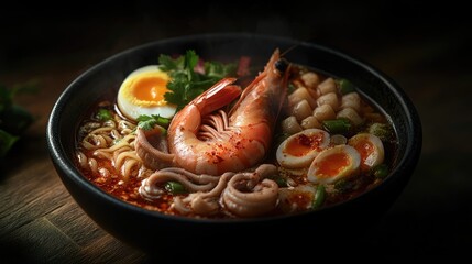 Spicy Tom Yum Goong soup featuring shrimp, noodles, squid, and boiled eggs garnished with herbs in an elegant dark setting.