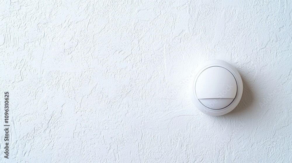 Poster fire alarm sensor signal concept. a minimalist white wall featuring a circular device, likely a smok