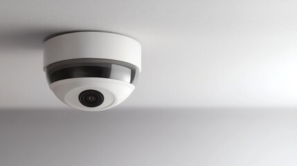 Fire alarm sensor signal concept. A round security camera mounted on a ceiling, designed for surveillance and monitoring purposes in various environments.