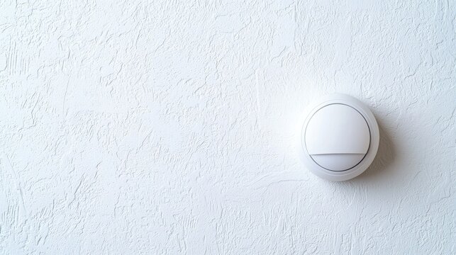 Fire alarm sensor signal concept. A minimalist white wall featuring a circular device, likely a smoke detector or sensor, subtly blending into the background.