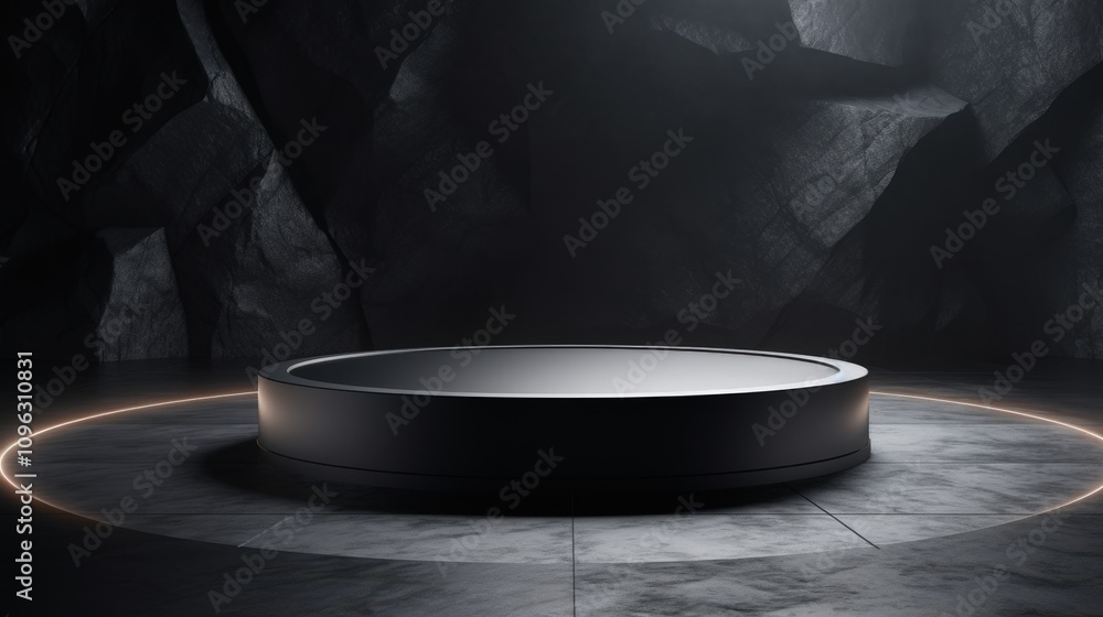 Poster empty circular platform in dramatic dark setting with soft lighting