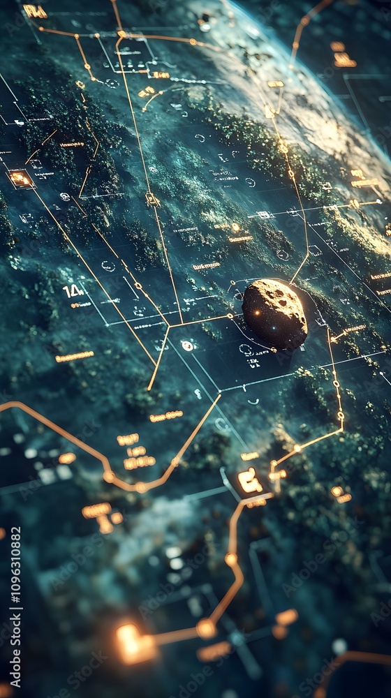 Poster a detailed digital map featuring an asteroid and interconnected pathways.