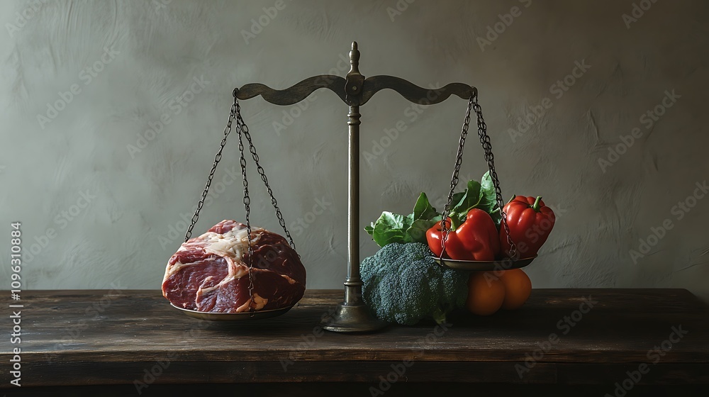 Poster a balanced scale displaying meat on one side and vegetables and fruits on the other.
