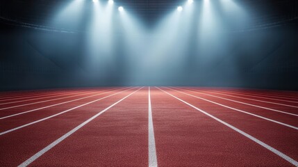 A stadium with a red track and white lines