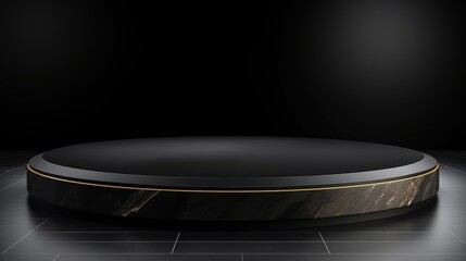 Round display pedestal with a sleek modern design and black background