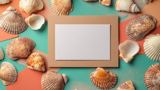 Summer-themed flat lay showcasing a blank greeting card on craft paper, surrounded by seashells and vibrant colored backgrounds, perfect for personalized messages.