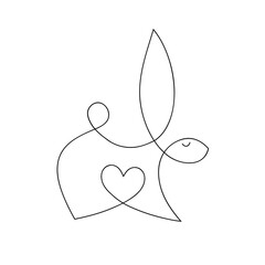 Hand drawn one line rabbit with heart. One line drawing rabbit isolated. vector eps10