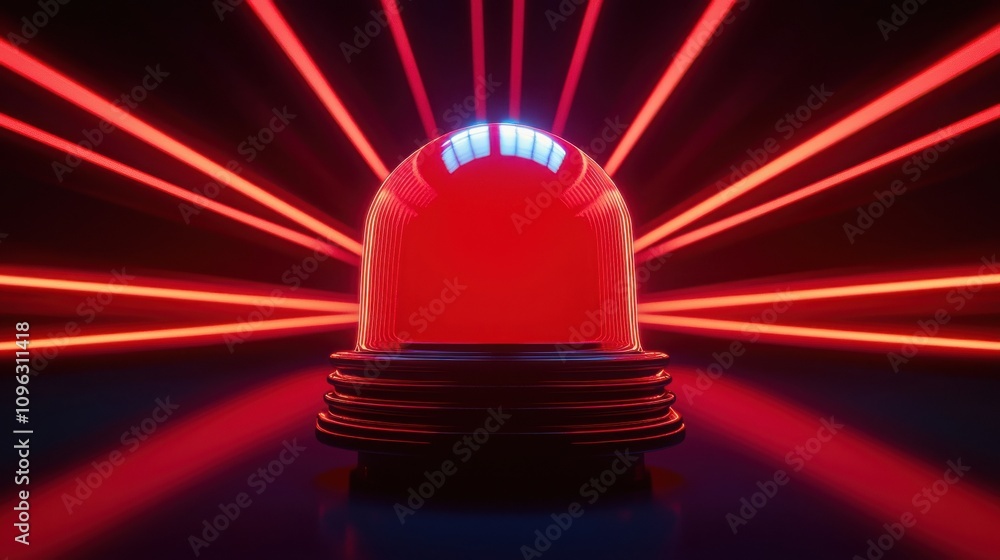 Poster fire alarm sensor signal concept. a glowing red light atop a base emits bright beams, creating a str