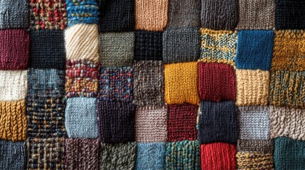 Close-up view of a richly textured woolen plaid featuring an array of colorful yarn squares, ideal for inspiring knitting and needlework creativity.