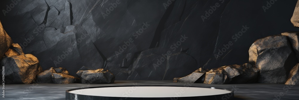 Poster abstract dark studio background with rocks and circular platform