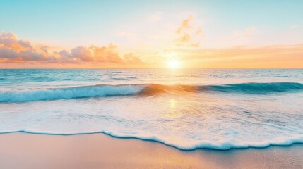 Obraz premium Serene sea with gentle waves and a golden sunrise, creating a tranquil and warm background