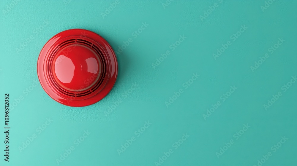 Aufkleber fire alarm sensor signal concept. a vibrant red button against a teal background, symbolizing alertn