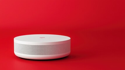 Fire alarm sensor signal concept. A sleek, modern white speaker sits against a vibrant red background, showcasing minimalist design and functionality.