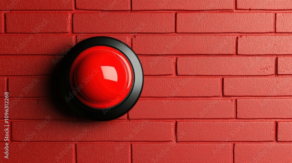 Aufkleber fire alarm sensor signal concept. a glossy red button mounted on a textured red brick wall, creating