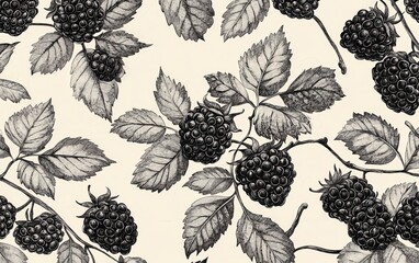 A hand-drawn pen-and-ink vector art piece of blackberries with detailed leaves, presented in a vintage woodcut print style, black ink on a white background