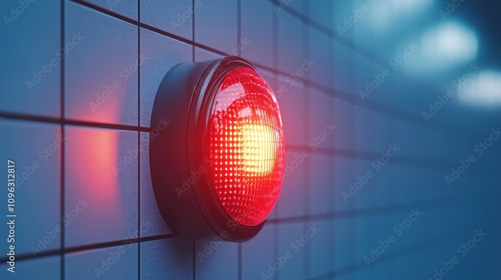 Poster fire alarm sensor signal concept. a glowing red warning light mounted on a tiled wall, casting a sof