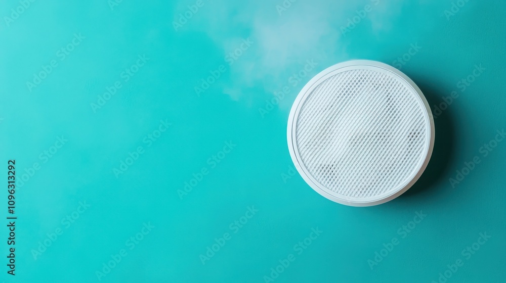 Poster fire alarm sensor signal concept. a circular diffuser emits fragrant steam against a vibrant turquoi