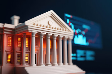 Fototapeta premium Holographic Economic Planning Hub, a modern government building showcasing dynamic projections of economic data and policy changes for national strategy.