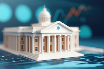 Holographic Economic Planning Hub, futuristic government building showcasing dynamic economic data and policy projections for national strategy.