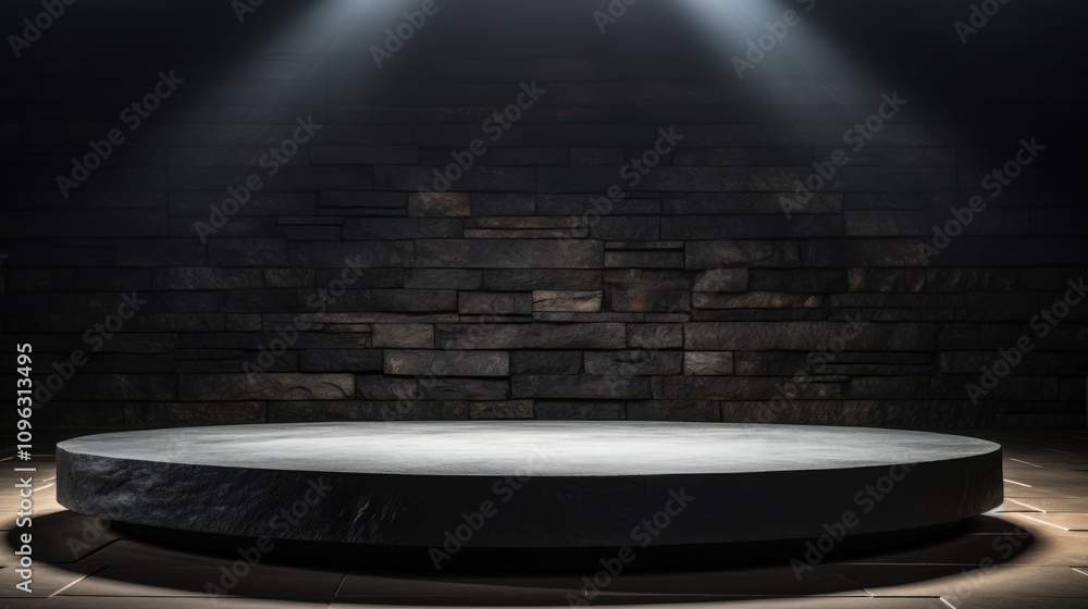 Poster dark stage with spotlights on a circular platform in a studio setting