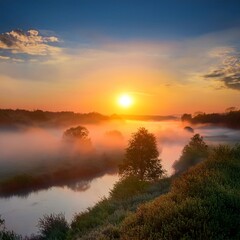 Obraz premium sunrise over the river fog