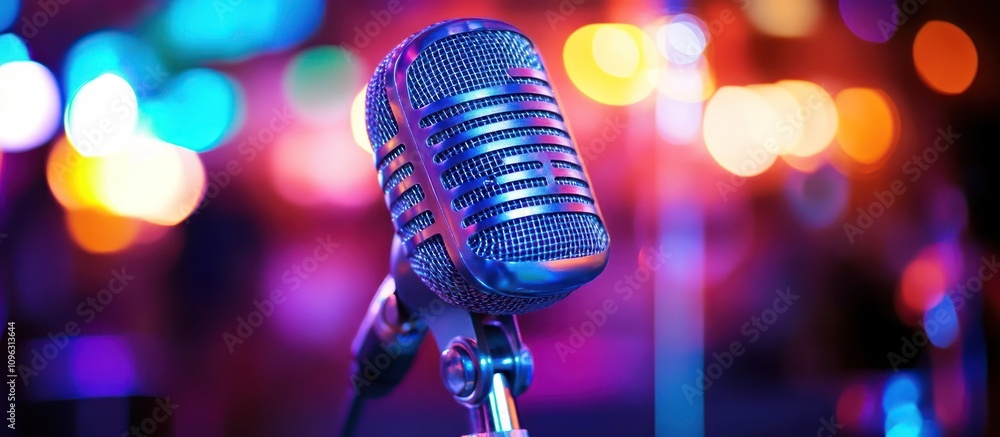 Poster retro microphone on stage with colorful bokeh lights.