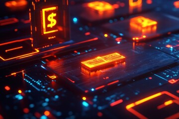 Here's a  and keyword list for your image.. Glowing digital dollar sign on circuit board.