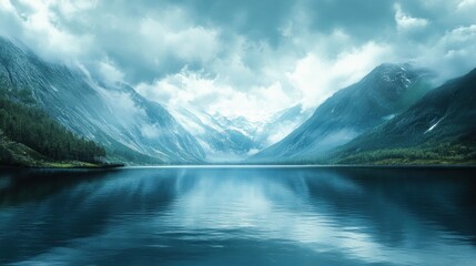 A tranquil lake reflecting the majestic mountains under a cloudy sky.