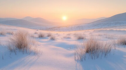 A peaceful snowy meadow at sunrise, with rolling hills in the distance and tall grasses peeking through the snow, all bathed in a soft golden light.