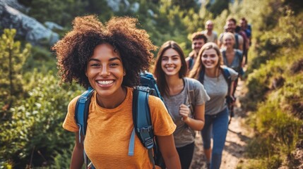 Fototapeta premium A group of friends hiking together in a beautiful forest, smiling and looking happy.