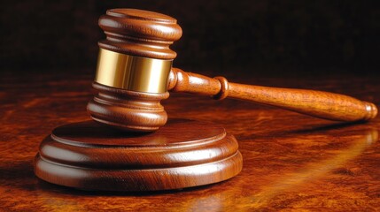 Wooden judge's gavel resting on a polished surface, showcasing its smooth finish and golden band, symbolizing authority in a courtroom setting.