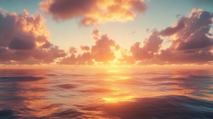 Obraz premium Sunset over the sea with warm light reflecting on the waves and clouds glowing in the sky