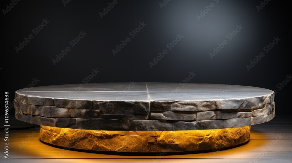 Poster modern round stone table with illuminated base in dark background