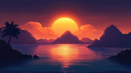 Fototapeta premium Sunset sea background with a silhouette of distant islands and warm light glowing on the water