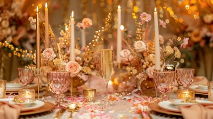 A luxurious table setup with champagne glasses filled to the brim, surrounded by festive decorations including confetti, candles, and golden accents in a glamorous setting