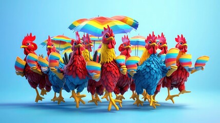 A flock of brightly colored roosters stands together under a large rainbow umbrella for a vibrant marketing visual.