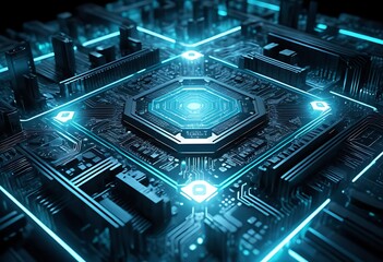 Fototapeta premium 3D rendering of a blue futuristic circuit board with electrons.