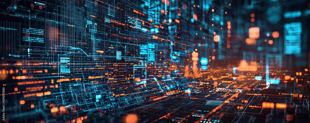 Poster digital landscape with glowing data streams and futuristic technology