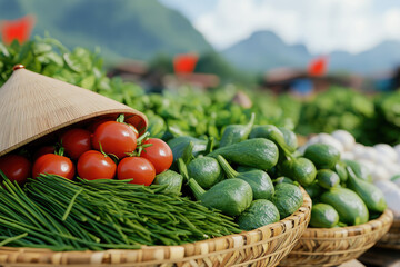 Bac Ha Market Scene, vibrant weekly market in North Vietnam, bustling stalls, rich colors, local culture, inviting atmosphere, detailed 3D illustration
