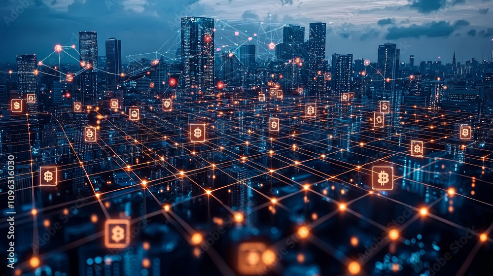 Sticker futuristic city skyline with blockchain technology visualized through interconnected nodes and finan