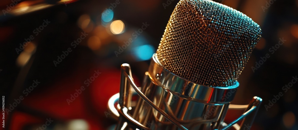 Poster close-up of a condenser microphone in a recording studio.