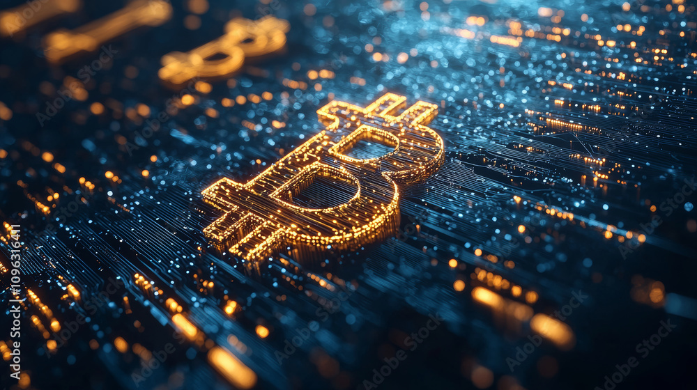 Wall mural digital representation of cryptocurrency with glowing bitcoin symbols and data streams, showcasing d