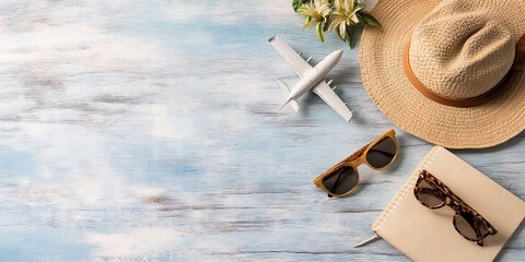 Travel essentials arranged on a wooden surface with a hat, glasses, and a model airplane for vacation planning