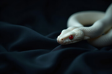Fototapeta premium Mesmerizing Albino Snake with Ruby Eyes Coiled Gracefully Against Dark Blue Backdrop