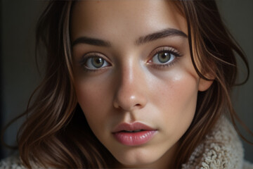 Fototapeta premium Serene Young Woman with Natural Beauty Gazing Directly in Soft Light