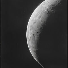 Obraz premium Close-up grayscale image of a crescent moon against a dark background, showcasing its craters and surface texture.