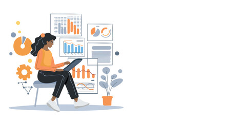 business setting: woman with a tablet and charts, vector banner with space for text